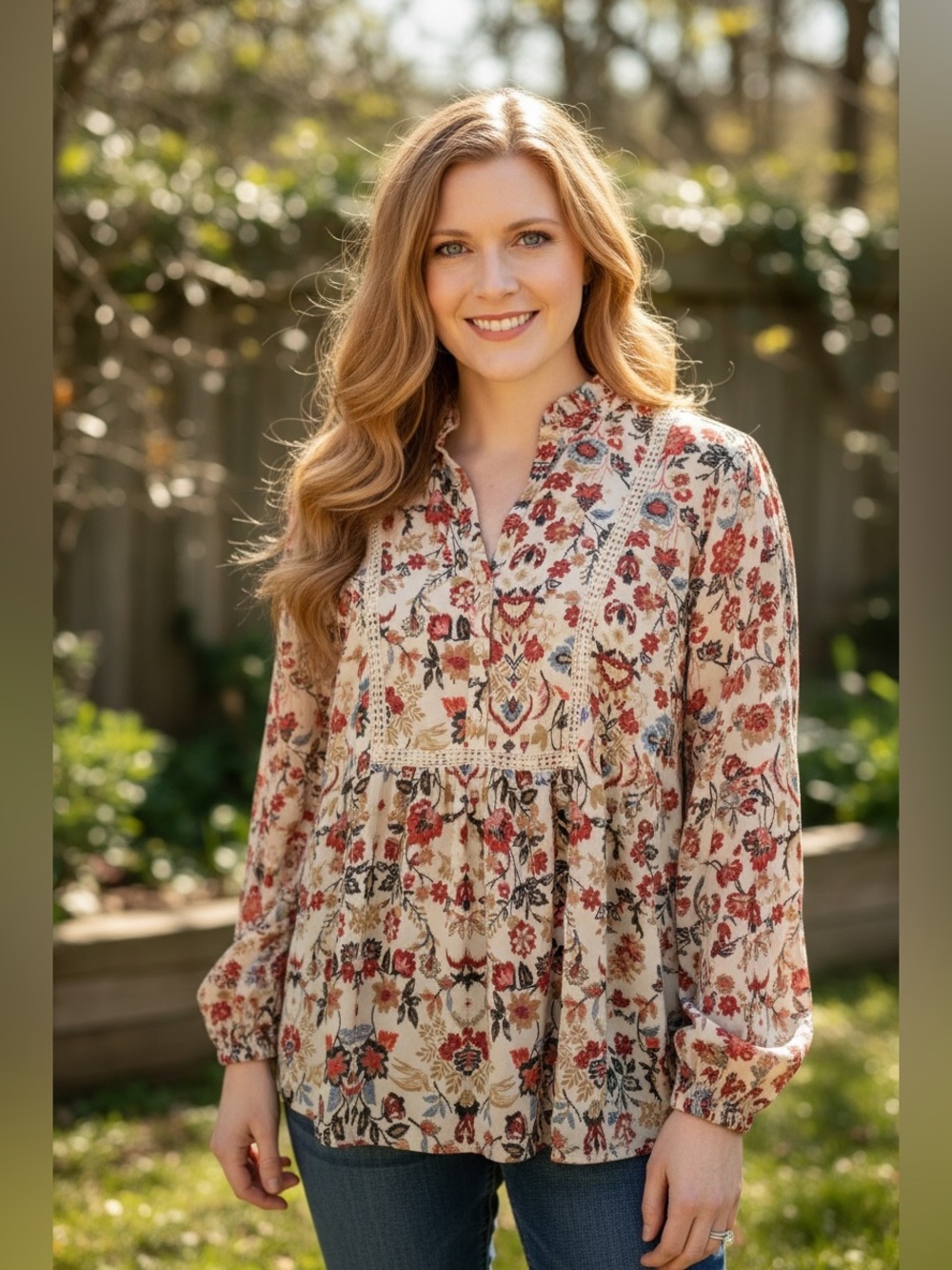 LOFT Cream Pintuck Blouse with Red and Blue Floral Print